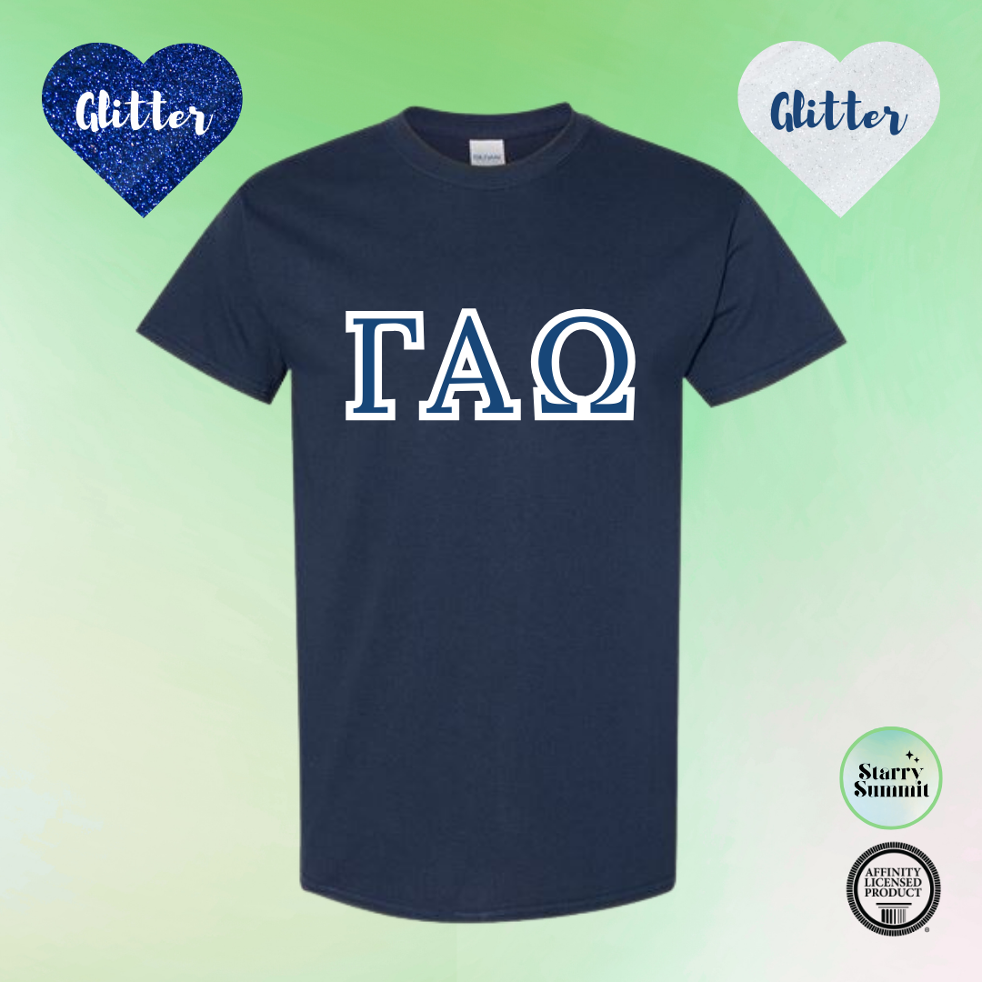 Gamma Alpha Omega - Glitter No Sew Letter T-Shirt - 13 Color Combo Options