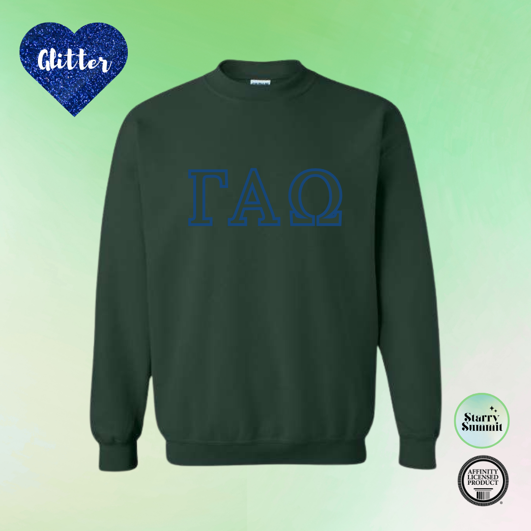 Gamma Alpha Omega - Glitter No Sew Letter Crewneck - 13 Color Combo Options