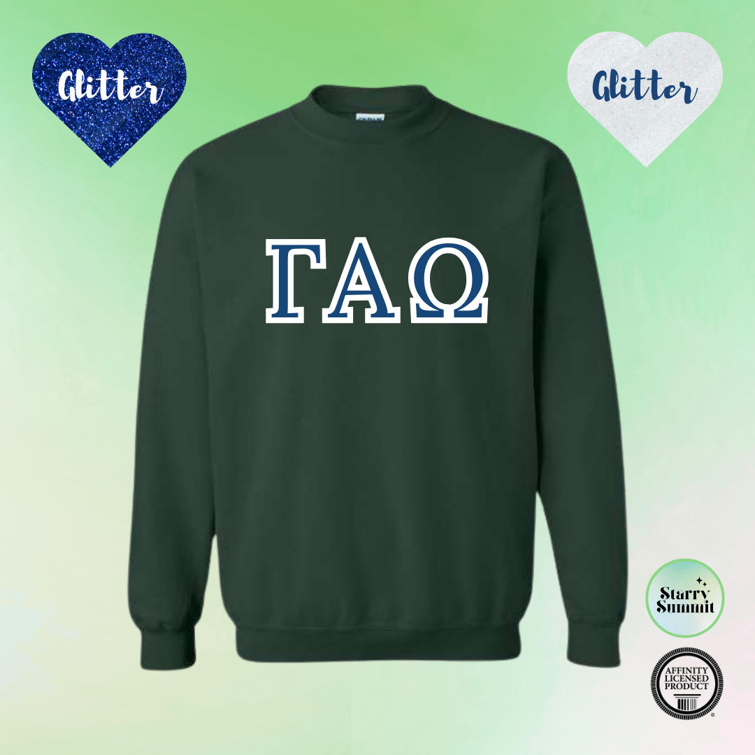 Gamma Alpha Omega - Glitter No Sew Letter Crewneck - 13 Color Combo Options