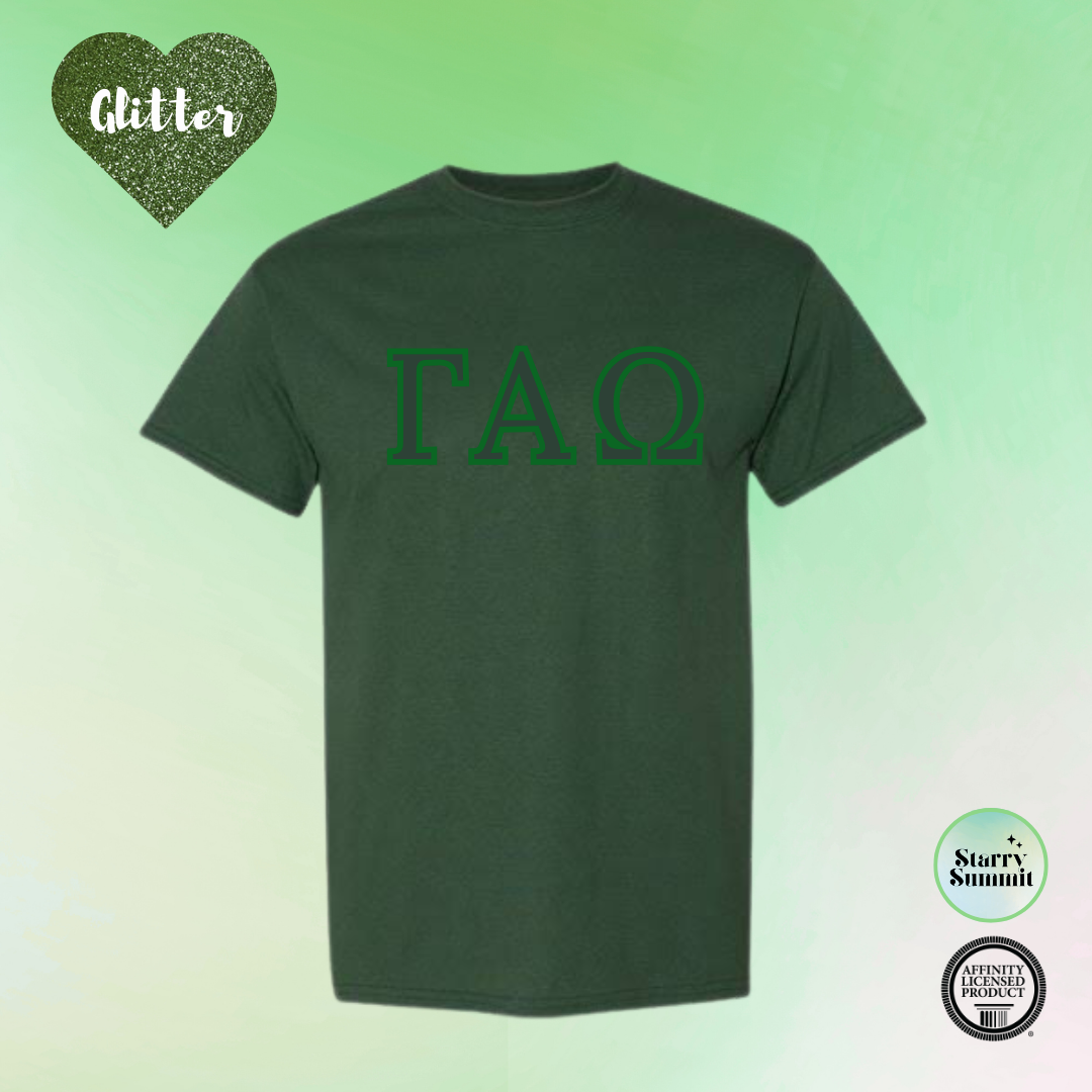 Gamma Alpha Omega - Glitter No Sew Letter T-Shirt - 13 Color Combo Options