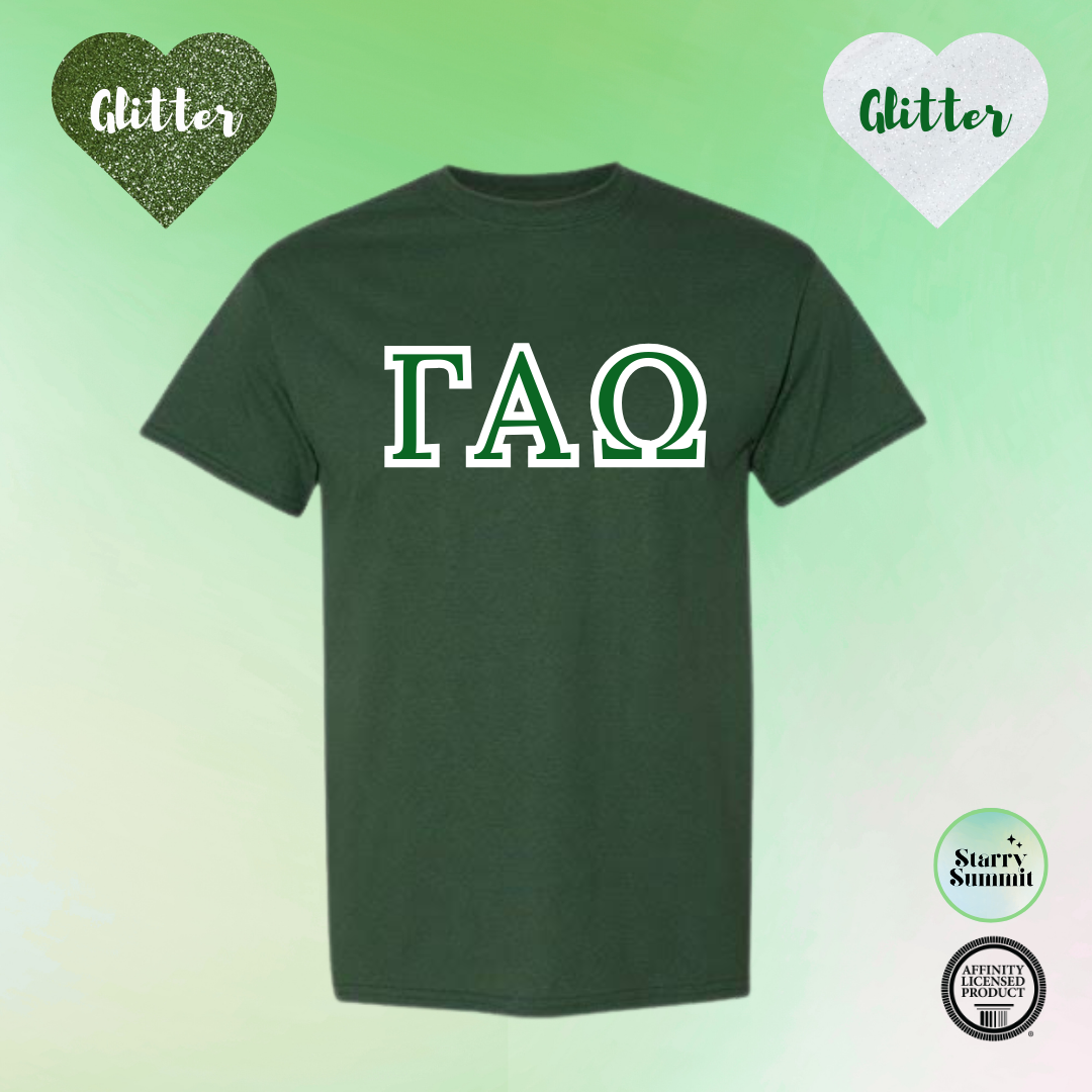 Gamma Alpha Omega - Glitter No Sew Letter T-Shirt - 13 Color Combo Options