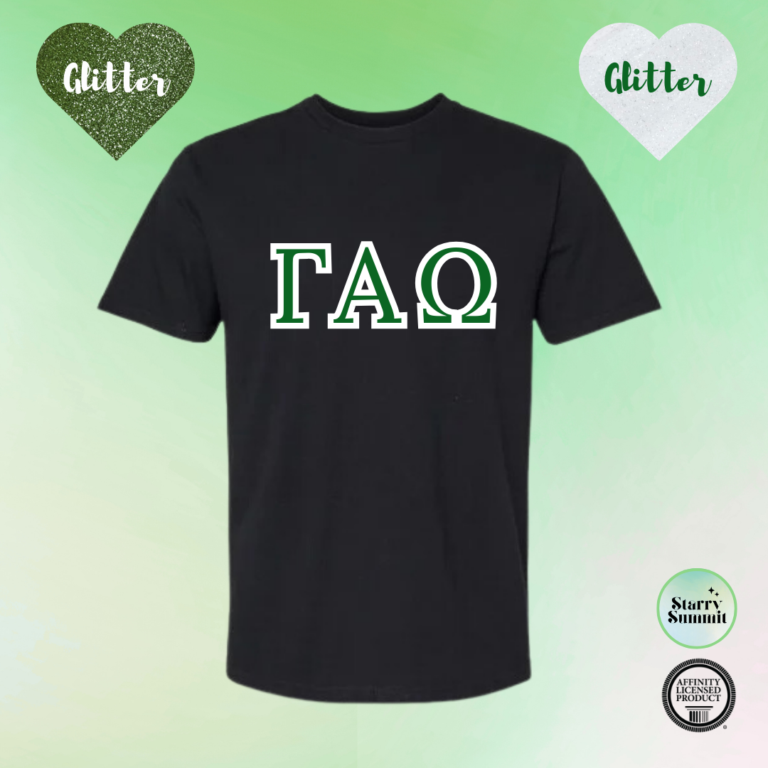 Gamma Alpha Omega - Glitter No Sew Letter T-Shirt - 13 Color Combo Options