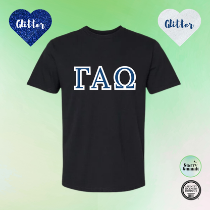 Gamma Alpha Omega - Glitter No Sew Letter T-Shirt - 13 Color Combo Options