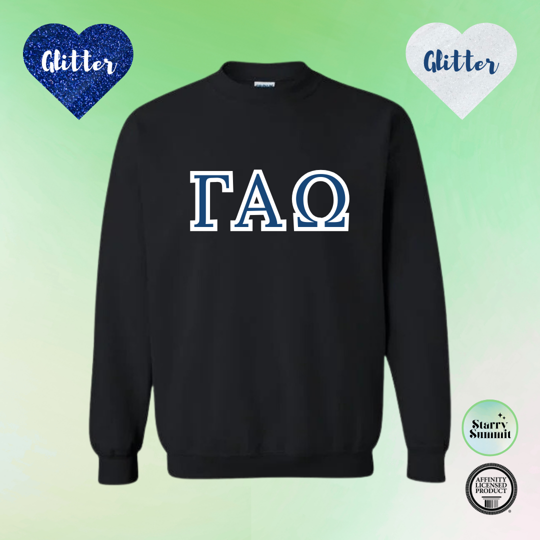 Gamma Alpha Omega - Glitter No Sew Letter Crewneck - 13 Color Combo Options