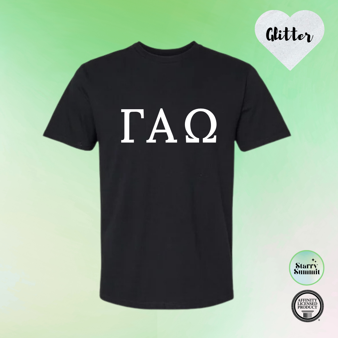 Gamma Alpha Omega - Glitter No Sew Letter T-Shirt - 13 Color Combo Options