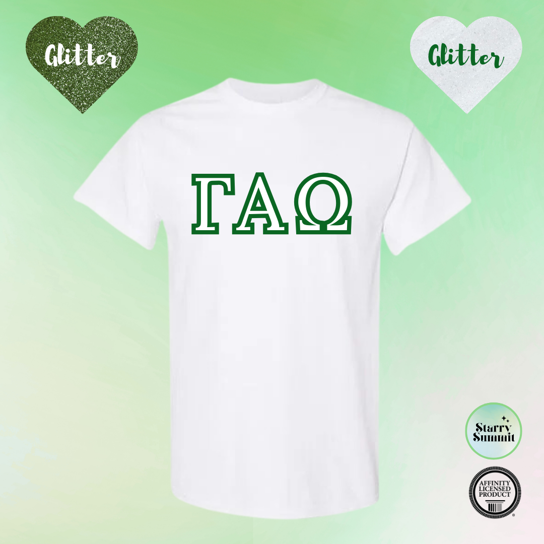 Gamma Alpha Omega - Glitter No Sew Letter T-Shirt - 13 Color Combo Options