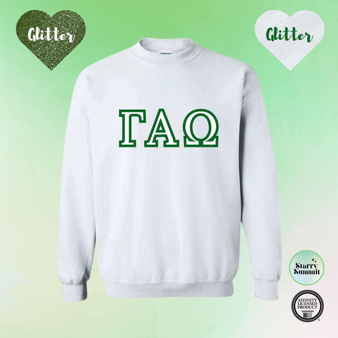 Gamma Alpha Omega - Glitter No Sew Letter Crewneck - 13 Color Combo Options