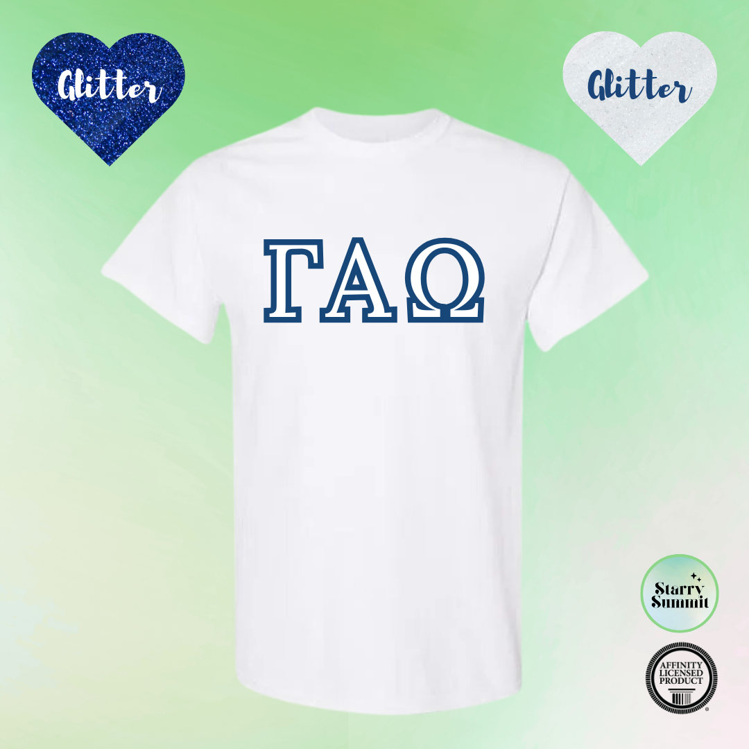 Gamma Alpha Omega - Glitter No Sew Letter T-Shirt - 13 Color Combo Options