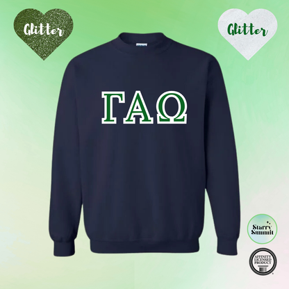 Gamma Alpha Omega - Glitter No Sew Letter Crewneck - 13 Color Combo Options