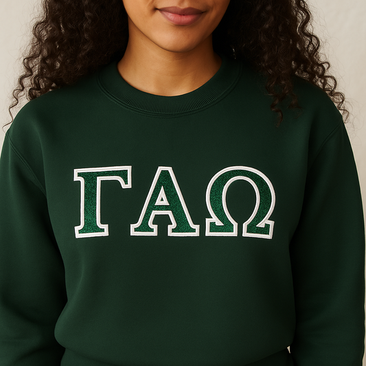 Gamma Alpha Omega - Glitter Letter Crewneck - 13 Color Combo Options